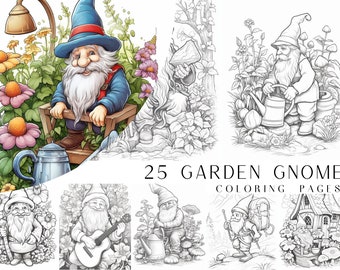 25 Garden Gnome Coloring Pages - Adult Coloring Book, Grayscale Coloring Page, Instant Download, Printable PDF File