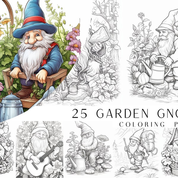 25 Garden Gnome Coloring Pages - Adult Coloring Book, Grayscale Coloring Page, Instant Download, Printable PDF File