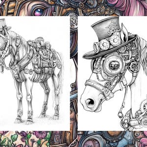 May include: A black and white line drawing of a steampunk horse with a top hat and goggles. The horse is wearing a harness and has gears and other mechanical elements on its body.