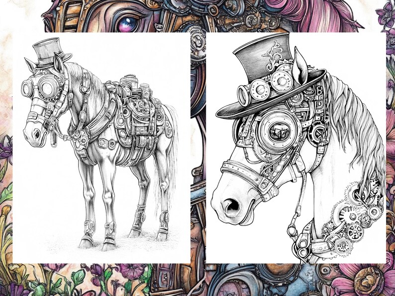 May include: A black and white line drawing of a steampunk horse with a top hat and goggles. The horse is wearing a harness and has gears and other mechanical elements on its body.
