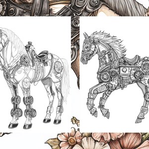 May include: A black and white line drawing of a steampunk horse. The horse is made of gears and other mechanical parts. It is wearing a saddle and bridle.