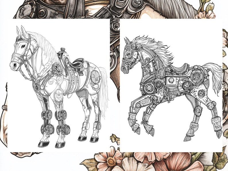 May include: A black and white line drawing of a steampunk horse. The horse is made of gears and other mechanical parts. It is wearing a saddle and bridle.
