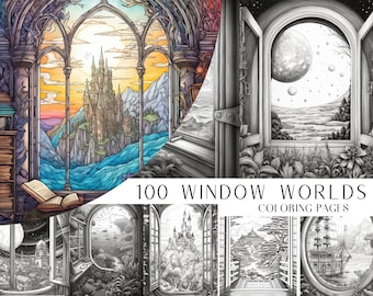 100 Windows To Another World Coloring Book - Adult Coloring Pages, Grayscale Coloring Page, Instant Download, Printable PDF File