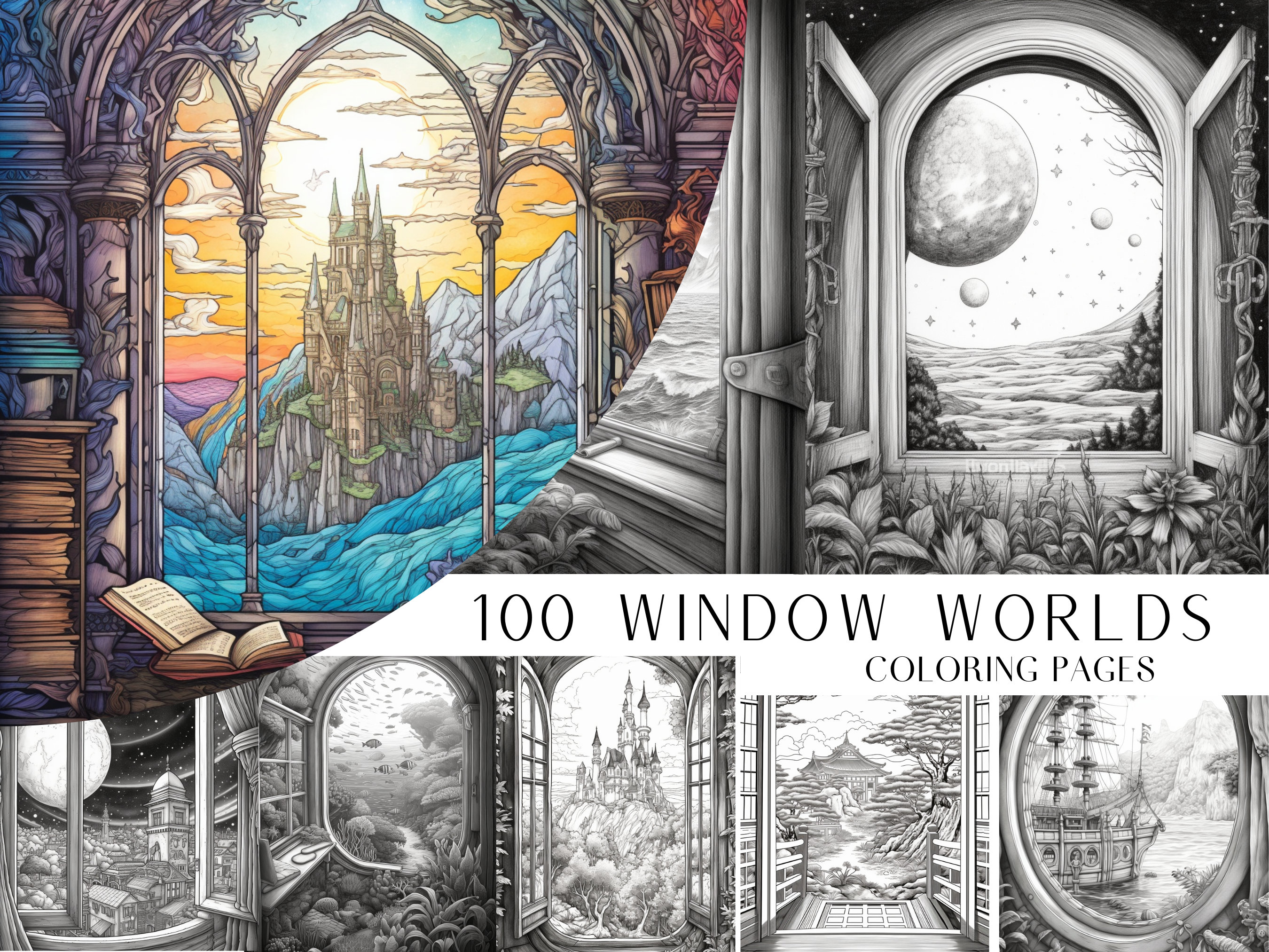 100 Windows To Another World Coloring Book - Adult Coloring Pages, Grayscale Coloring Page, Instant Download, Printable PDF File