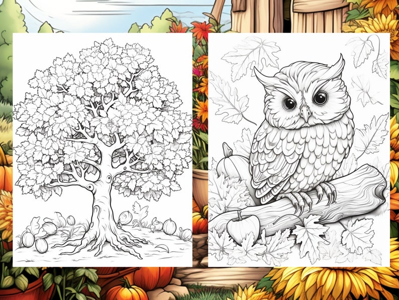 May include: A black and white coloring page featuring a tree with leaves and a large owl perched on a branch. The owl has large eyes and detailed feathers. The background includes leaves and pumpkins.