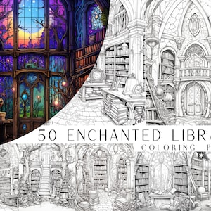 50 Enchanted Library Coloring Pages - Adult And Kids Coloring Book, Fantasy Coloring Sheets, Instant Download, Printable PDF File.