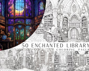 50 pages de coloriage de la bibliothèque enchantée - livre de coloriage pour adultes et enfants, feuilles de coloriage fantastiques, téléchargement immédiat, fichier PDF imprimable.