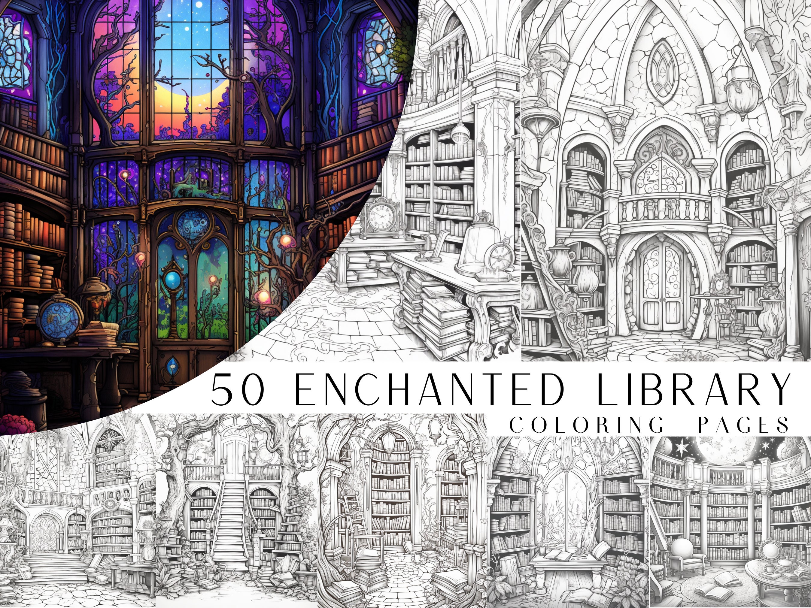 50 Páginas para Colorear de Biblioteca Encantada en PDF imprimible – Libro de colorear de fantasía en escala de grises para adultos y niños, Descarga instantánea