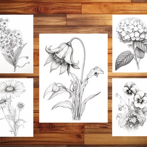 100 pages à colorier de fleurs élégantes - livre de coloriage pour adultes et enfants, niveaux de gris, feuilles de coloriage numériques, téléchargement immédiat, fichier PDF imprimable. image 3