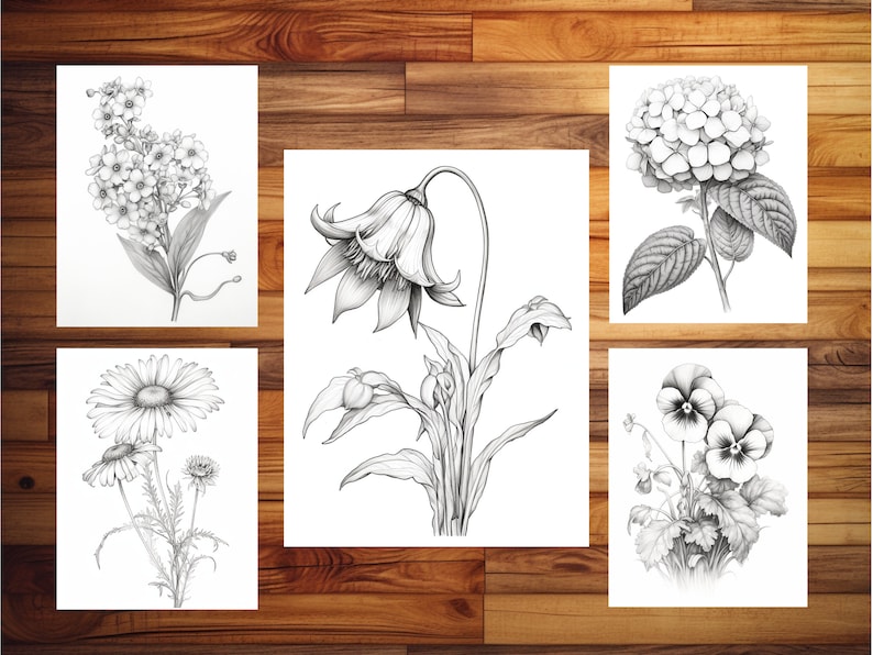 100 pages à colorier de fleurs élégantes - livre de coloriage pour adultes et enfants, niveaux de gris, feuilles de coloriage numériques, téléchargement immédiat, fichier PDF imprimable. image 3