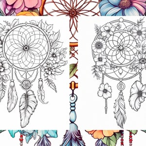 May include: A black and white line drawing of a dreamcatcher with feathers and flowers. The dreamcatcher is circular with a web-like design and a beaded chain.