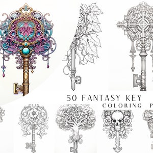 50 Fantasy Key Coloring Pages - Adult And Kids Coloring Book, Greyscale, Coloring Sheets, Instant Download, Printable PDF File.