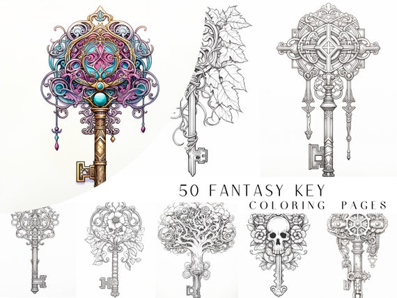 50 Fantasy Key Coloring Pages - Adult And Kids Coloring Book, Greyscale, Coloring Sheets, Instant Download, Printable PDF File.