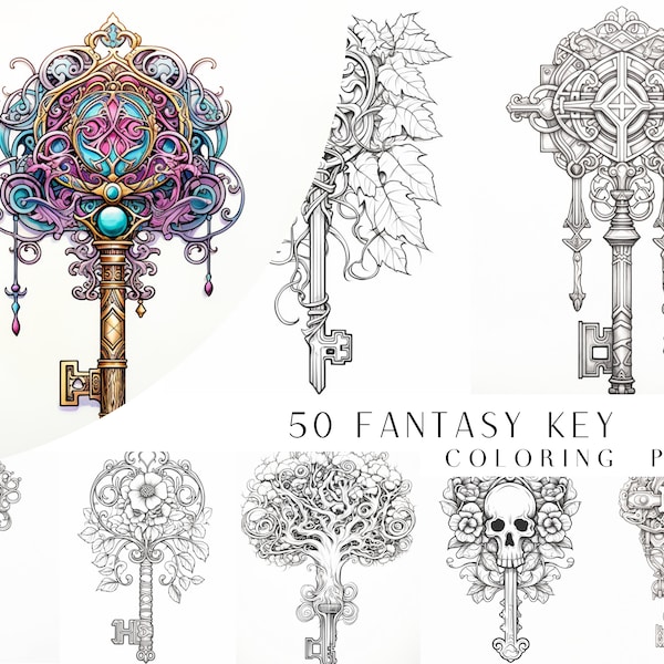 50 Fantasy Key Coloring Pages - Erwachsene und Kinder Malbuch, Graustufen, Malvorlagen, Sofort Download, druckbare PDF-Datei.