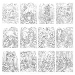 May include: A collection of twelve black and white line art illustrations featuring various fantasy dwellings. Each image depicts a unique house integrated into nature, including mushroom homes, tree houses, and stone cottages surrounded by plants.
