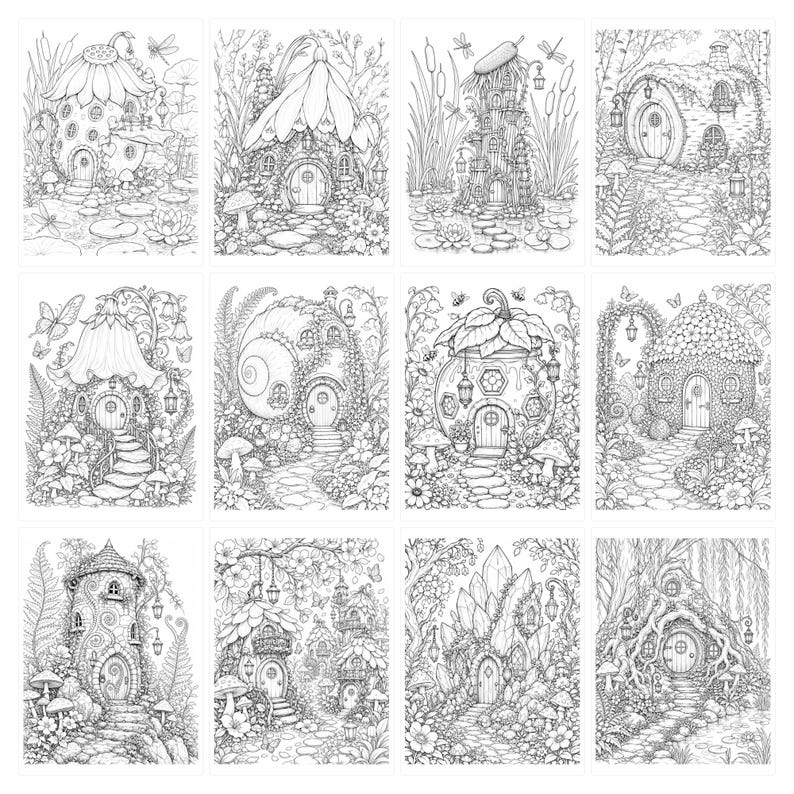 May include: A collection of twelve black and white line art illustrations featuring various fantasy dwellings. Each image depicts a unique house integrated into nature, including mushroom homes, tree houses, and stone cottages surrounded by plants.