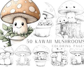 50 Kawaii Mushroom Coloring Pages - Instant Digital PDF Download, Cute Adult and Kids Coloring Book, Printable Sheets Light and Dark Version