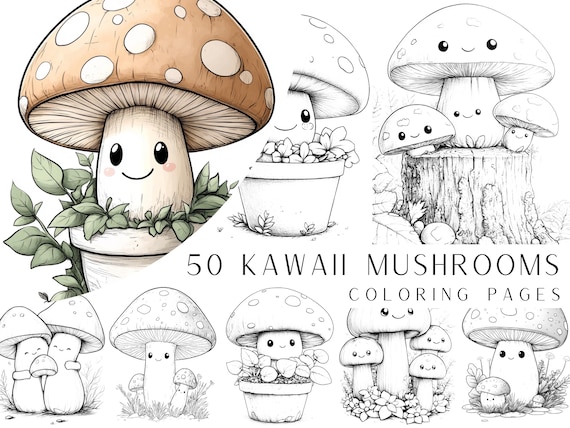 50 Kawaii Mushroom Coloring Pages - Instant Digital PDF Download, Cute Adult and Kids Coloring Book, Printable Sheets Light and Dark Version