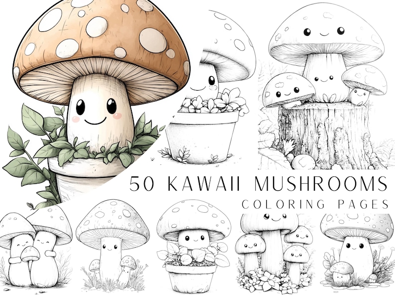 May include: A set of 50 coloring pages featuring cute, cartoon-style mushrooms. The pages include various mushroom designs, some with faces and some with flowers. The text "50 Kawaii Mushrooms Coloring Pages" is at the bottom of the image.