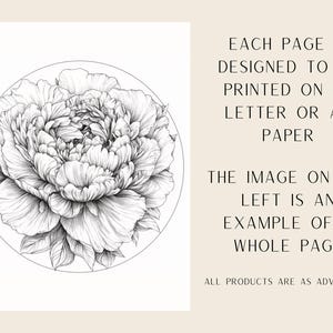 以下が含まれることがあります： 円の中に描かれた、白黒の牡丹の花の精巧なイラスト。右側のテキストには「各ページは、USレターまたはA4用紙に印刷するように設計されています。左側の画像は、1つのページ全体の例です。すべての製品は広告通りです。」と書かれています。