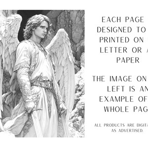 May include: Black and white illustration of an angel with wings, holding a sword. The image is designed to be printed on US Letter or A4 paper.  EACH PAGE IS DESIGNED TO BE PRINTED ON US LETTER OR A4 PAPER THE IMAGE ON THE LEFT IS AN EXAMPLE OF A WHOLE PAGE ALL PRODUCTS ARE DIGITAL AND AS ADVERTISED.