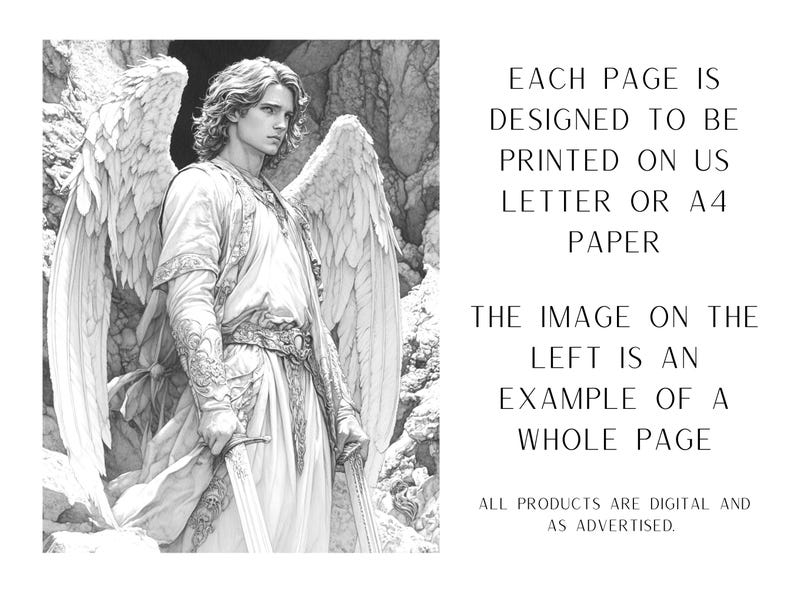 May include: Black and white illustration of an angel with wings, holding a sword. The image is designed to be printed on US Letter or A4 paper.  EACH PAGE IS DESIGNED TO BE PRINTED ON US LETTER OR A4 PAPER THE IMAGE ON THE LEFT IS AN EXAMPLE OF A WHOLE PAGE ALL PRODUCTS ARE DIGITAL AND AS ADVERTISED.