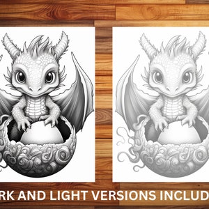 May include: A black and white illustration of a cute baby dragon hatching from an egg. The dragon has large eyes and is holding a small ball in its paws. The egg is cracked open and has a cloud-like design.