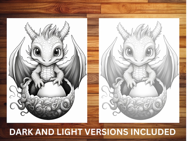 May include: A black and white illustration of a cute baby dragon hatching from an egg. The dragon has large eyes and is holding a small ball in its paws. The egg is cracked open and has a cloud-like design.