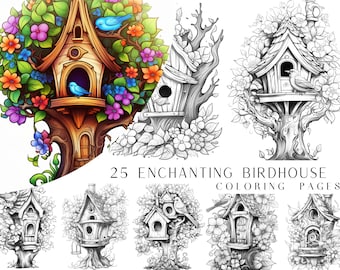 25 Enchanting Birdhouse Coloring Pages - Adults And Kids Coloring Book, Digital Coloring Sheets, Instant Download, Printable PDF File.