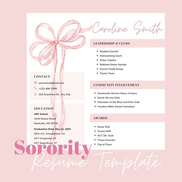 Sorority Resume Template! Customizable Pink Rush/Recruitment Resume! (Includes Sorority Recommendation Letter Thank-You Note)