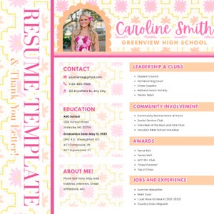 ¡Plantilla de currículum para hermandad! ¡Currículum para reclutamiento/aprendizaje con estampado rosa y naranja! (Incluye carta de recomendación y nota de agradecimiento para la hermandad)