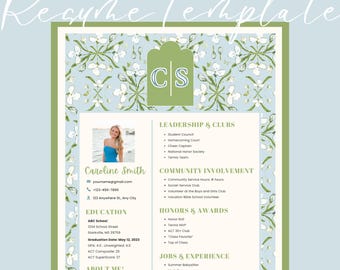 Modello di curriculum per confraternita! Modello floreale blu e verde, curriculum per reclutamento/urgenza! (Include lettera di raccomandazione per la confraternita e nota di ringraziamento)