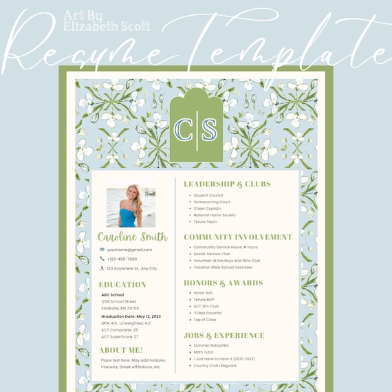 Sorority Resume Template! Blue and Green Floral, Rush/Recruitment Resume! (Includes Sorority Recommendation Letter Thank-You Note)
