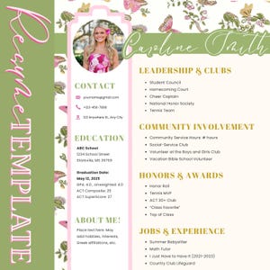 ¡Plantilla de currículum para hermandad! Mariposas rosas y verdes / Currículum para reclutamiento/Rush (Incluye carta de recomendación y nota de agradecimiento para la hermandad)