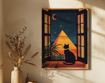 マティスの開いた窓にインスパイアされたアートプリント| エジプトの大ピラミッド| アンリ・マティスにインスパイアされたプリント| 黒猫のアートプリント| リビングルームアート| トラベルアート