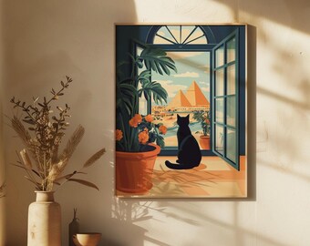 マティスの開いた窓にインスパイアされたアートプリント| エジプトの大ピラミッド| アンリ・マティスにインスパイアされたプリント| 黒猫のアートプリント| リビングルームアート| トラベルアート