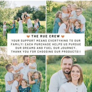 Puede incluir: Un collage de cuatro fotos que muestran a una familia. Arriba a la izquierda, un grupo de personas en un campo. Arriba a la derecha, una madre sosteniendo a sus hijos. Abajo a la izquierda, un padre sosteniendo a sus hijos. Abajo a la derecha, una pareja sonriendo. Texto: THE RUE CREW.
