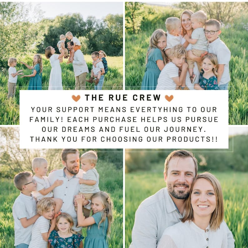 Puede incluir: Un collage de cuatro fotos que muestran a una familia. Arriba a la izquierda, un grupo de personas en un campo. Arriba a la derecha, una madre sosteniendo a sus hijos. Abajo a la izquierda, un padre sosteniendo a sus hijos. Abajo a la derecha, una pareja sonriendo. Texto: THE RUE CREW.