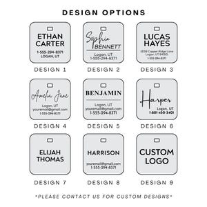 Puede incluir: Se muestran nueve opciones de dise&ntilde;o para etiquetas personalizadas. Cada etiqueta presenta un nombre, informaci&oacute;n de contacto y un n&uacute;mero de dise&ntilde;o. Los dise&ntilde;os incluyen nombres como Ethan Carter, Sophia Bennett y Lucas Hayes, con una opci&oacute;n de logotipo personalizado.