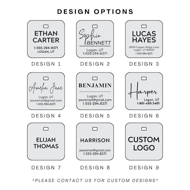 Puede incluir: Se muestran nueve opciones de dise&ntilde;o para etiquetas personalizadas. Cada etiqueta presenta un nombre, informaci&oacute;n de contacto y un n&uacute;mero de dise&ntilde;o. Los dise&ntilde;os incluyen nombres como Ethan Carter, Sophia Bennett y Lucas Hayes, con una opci&oacute;n de logotipo personalizado.