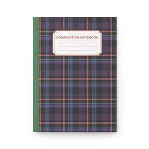 May include: A composition notebook with a green spine and a plaid pattern cover in shades of purple, orange, and green. The cover features a white label with the words "COMPOSITION NOTEBOOK".