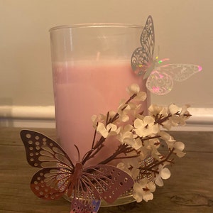 Beautiful 100% Soy Candle in a Glass Cylinder Accented with Butterflies & Flowers Ideal for Weddings, Birthdays, or Other Special Occasions