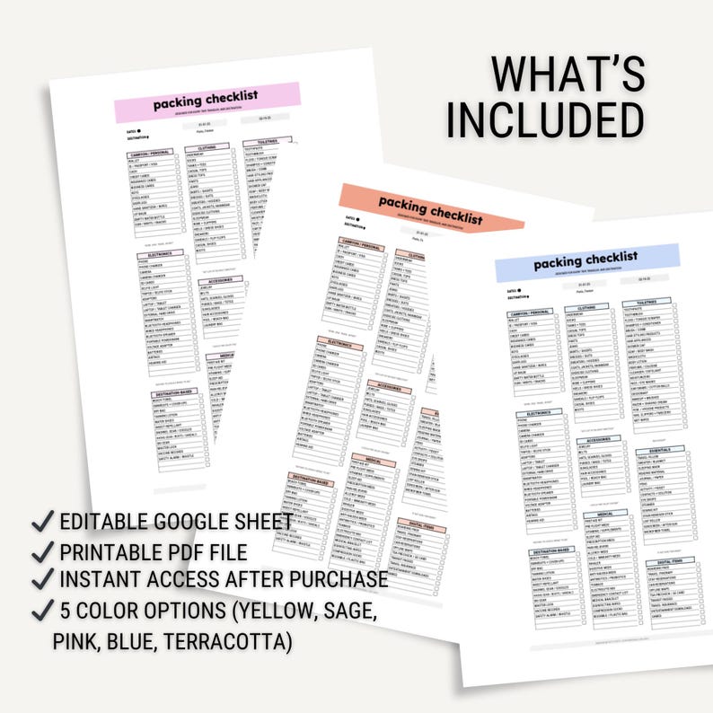 K&ouml;nnte beinhalten: Ein digitaler Download einer druckbaren Packliste in f&uuml;nf verschiedenen Farben: Gelb, Salbei, Rosa, Blau und Terrakotta. Die Checkliste tr&auml;gt den Titel "Packliste" und enth&auml;lt Abschnitte f&uuml;r Kleidung, Toilettenartikel, Elektronik und andere wichtige Dinge.
