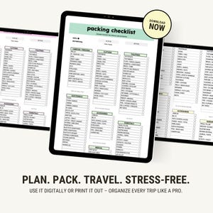 K&ouml;nnte beinhalten: Eine digitale Packliste auf einem Tablet-Bildschirm mit dem Text "packing checklist" in einem gr&uuml;nen Kasten oben. Die Checkliste ist in Kategorien wie "Kleidung", "Toilettenartikel", "Elektronik", "Zubeh&ouml;r", "Essentials" und "Medizin" unterteilt.