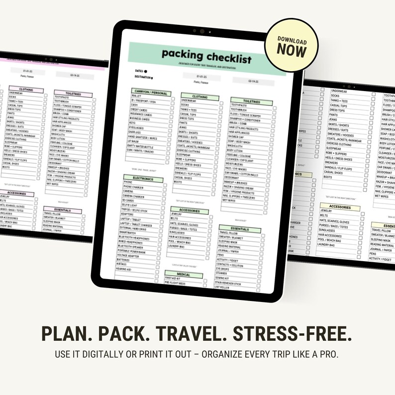K&ouml;nnte beinhalten: Eine digitale Packliste auf einem Tablet-Bildschirm mit dem Text "packing checklist" in einem gr&uuml;nen Kasten oben. Die Checkliste ist in Kategorien wie "Kleidung", "Toilettenartikel", "Elektronik", "Zubeh&ouml;r", "Essentials" und "Medizin" unterteilt.