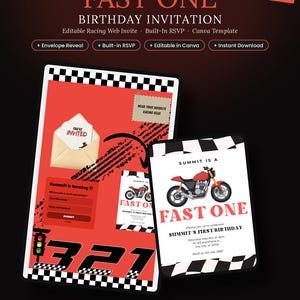 May include: A digital birthday invitation template featuring a racing theme with a red and white color scheme, checkered borders, a motorcycle graphic, and the text "FAST ONE" and "SUMMIT IS TURNING 1". Includes an RSVP form and envelope graphic.