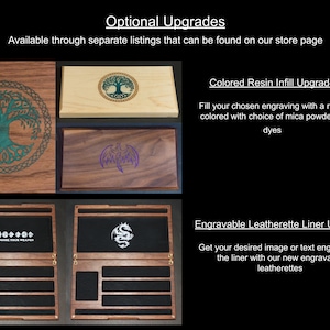 May include: Two wooden boxes with different engravings. The top box has a tree of life design with green and brown colors. The bottom box has a dragon design with purple and brown colors. The text "Colored Resin Infill Upgrade" and "Engravable Leatherette Liner Upgrade" is visible on the right side of the image.