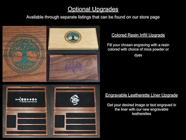 May include: Two wooden boxes with different engravings. The top box has a tree of life design with green and brown colors. The bottom box has a dragon design with purple and brown colors. The text "Colored Resin Infill Upgrade" and "Engravable Leatherette Liner Upgrade" is visible on the right side of the image.