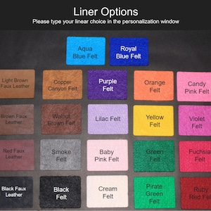May include: A chart of 20 different color swatches with names for each color. The colors include aqua, royal blue, copper, light brown, purple, orange, candy pink, walnut brown, lilac, yellow, violet, red, smoke, baby pink, green, fuchsia, black, cream, pirate green, and ruby red.