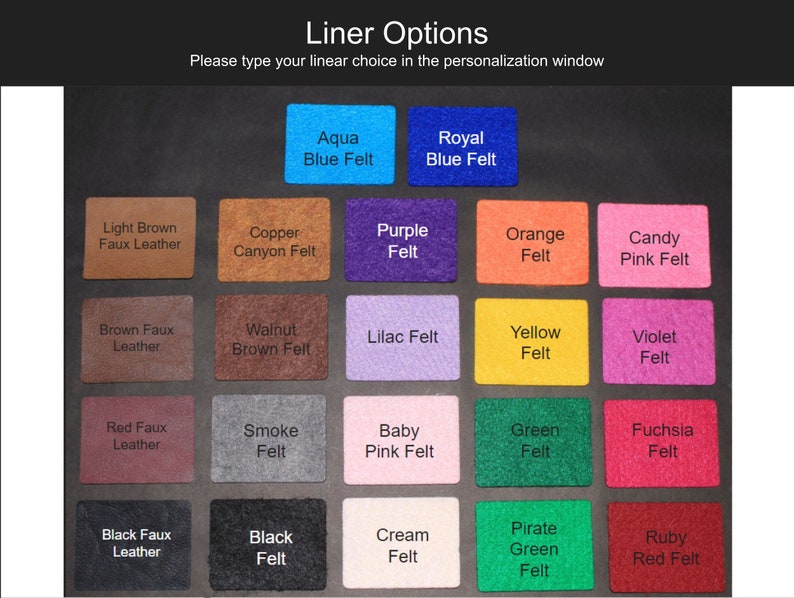 May include: A chart of 20 different color swatches with names for each color. The colors include aqua, royal blue, copper, light brown, purple, orange, candy pink, walnut brown, lilac, yellow, violet, red, smoke, baby pink, green, fuchsia, black, cream, pirate green, and ruby red.